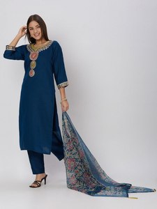 Ensemble Kurti, pantalon et dupatta en soie vaticana premium avec broderie élégante, travail de sequins et dupatta en chanderi imprimé numérique de qualité supérieure - Product Image 1
