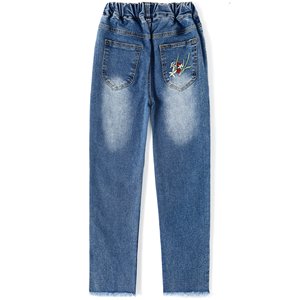 Girls Trendy Floral Embroidered Regular Fit Straight Leg Denim <b>Jeans</b> <b>Elastic</b> <b>Waist</b> Polyester/Cotton Vintage Style Full Length - Product Image 4