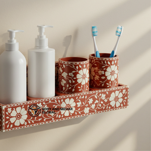 Handcrafted Floral Bone Inlay Bathroom Organizer <b>Set</b> Wall-Mounted Vanity Shelf with Dual <b>Soap</b> Dispensers and Toothbrush Holders - Product Image 4