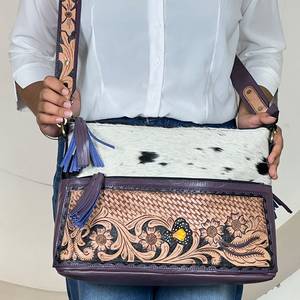 Customized Vintage Genuine Hair-on Cowhide <b>Tooled</b> <b>Leather</b> Crossbody Purse Western Floral Handcrafted Shoulder Bag for Women's - Product Image 4