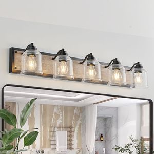 40\" Farmhouse 5-Light Bathroom Vanity Fixture Clear Seeded Glass Shades with Black Wood Grain Finish <b>Wall</b> <b>Sconce</b> Design - Product Image 1