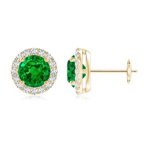 Classic round emerald halo design with brilliant diamond surround, four-prong setting and elegant 14kt yellow gold finish - Product Image 1