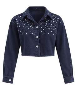 Veste en jean courte bleu marine personnalisée pour femme avec fermeture boutonnée sur le devant ornée de strass, manches longues, style streetwear tendance - Product Image 1