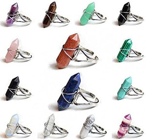 Anillo de Cristal con Punta Hexagonal, Ajustable, Envuelto en Alambre Plateado, con Piedra Natural Curativa para Mujer, Venta al Por Mayor - Product Image 4