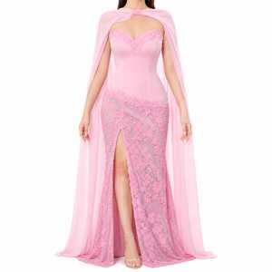 Blush Pink Mermaid Evening Gown Natural Beading <b>Strapless</b> Satin <b>Corset</b> Floral Print Floor-Length Elegant High Slit Prom Bridal - Product Image 3