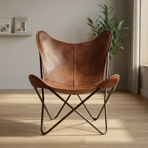Leather Butterfly <b>Chair</b> Metal Legs Handmade Midcentury Modern Living Room Lounge <b>Chair</b> - Product Image 3