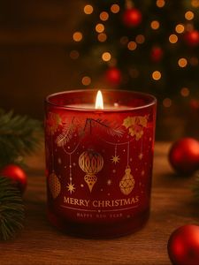 Portavelas cilíndrico rojo con estampado de adornos navideños dorados para decoración del hogar, resistente al calor y perfumado. - Product Image 1