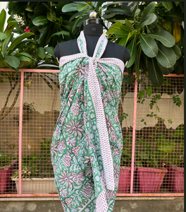 Green Floral Printed Viscose Cotton <b>Sarong</b> Crossed Halter Swimdress <b>Women</b> Reversible Draped Pareo Beach Wrap - Product Image 1