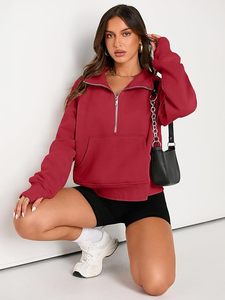 Sweat-shirt rouge à col montant et demi-zip, couleur unie, manches longues, en polaire, coupe oversize, grande taille, haut d'automne pour femme - Product Image 3