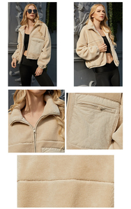 Abrigo de invierno grueso para mujer, color crema, de piel sintética, con cremallera, cuello alto, hombros caídos, bolsillos con parche. - Product Image 4