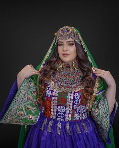 Afghani <b>Dress</b> Women Traditional Embroidered Purple Green Floor Length Ball Gown Choker Neck Full Sleeve Elegant <b>Formal</b> Wear - Product Image 2
