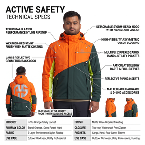 Mens Custom Coated Streetwear 3-Layer Nylon Ripstop <b>Waterproof</b> Stand Zipper Hunting <b>Jacket</b> Color Block Front Outerwear OEM - Product Image 5