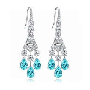 Boucles d'oreilles de luxe en forme de lustre avec cristaux goutte d'eau turquoise, plaquées rhodium, bijoux de mariage pour femmes - Product Image 1