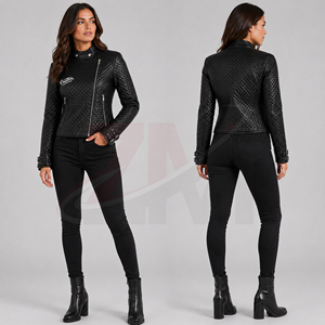 Custom Woven PU Leather Moto <b>Jacket</b> Women's <b>Short</b> Stand Collar Full <b>Sleeve</b> Zipper Front Embossed Pattern Black - Product Image 5