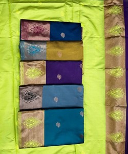 Sari de seda verde claro y morado, estilo tradicional indio para bodas, estilo Banarasi con borde estampado, largo hasta el suelo, para mujer. - Product Image 5