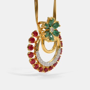 Yellow Gold <b>Ruby</b> Emerald Floral Lab Grown Diamond Pendant <b>Necklace</b> - Product Image 4