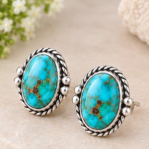 Muhave Turquoise <b>Silver</b> <b>Stud</b> Earrings, 925 <b>Sterling</b> <b>Silver</b> Turquoise <b>Studs</b>, Oval Blue Gemstone Earrings, Boho Southwestern - Product Image 1