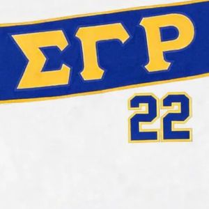 Camiseta blanca de jersey Sigma Gamma Rho SGRho 22, ropa griega premium azul y dorada, camiseta unisex para mujer - Product Image 2