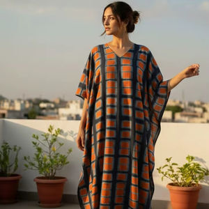 Vestido Maxi Kaftan Tradicional Teñido a Mano, Ecológico, de Algodón Lavable y Transpirable, con Cuello en V, Estilo Bohemio con Cordón Ajustable para Mujer - Product Image 1