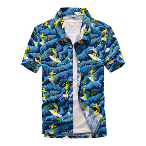 Men's Hawaiian Shirt Short Sleeve Blue Surf Pattern Print Turn-down Collar Summer Vacation Shirts Breathable Polyester Cotton - Product Image 1