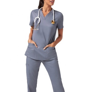 Women's Gray V-Neck Short Sleeve <b>Scrub</b> <b>Top</b> With Pockets Cotton Polyester Woven Hospital Uniforms <b>Scrub</b> Set For Medical Use - Product Image 3