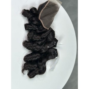 Extensions de cheveux naturels noirs ondulés en trame plate avec closure en dentelle 4x4, double épaisseur, cheveux humains vierges vietnamiens 100g - Product Image 2
