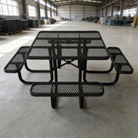 Table de pique-nique ronde en acier expansé de 46 pouces avec banc, mobilier d'extérieur pour restaurant, table et chaises en métal