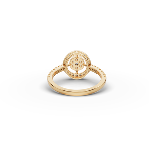 Anillo de compromiso o promesa con halo redondo de diamantes cultivados en laboratorio, zafiro rosa talla marquesa y patrón geométrico. - Product Image 5