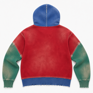 Sweat à capuche zippé personnalisé pour homme, style patchwork color block hiver, coupe oversize, en molleton de coton épais, streetwear, avec appliqué graphique et effet vieilli - Product Image 2