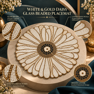 Set de table artisanal en verre perlé, motif marguerite or blanc, écologique, orné de pétales festonnés au centre |   Nappe de table florale élégante et luxueuse - Product Image 5