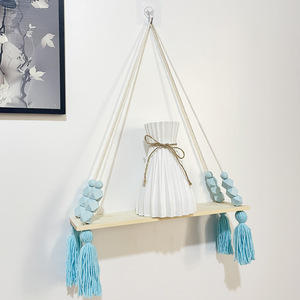 Bohemian <b>Wooden</b> Single Tier Wall Shelf Hanging Rope Pink Beaded Tassel <b>Decor</b> Storage Rack for Living Room <b>Nursery</b> - Product Image 4