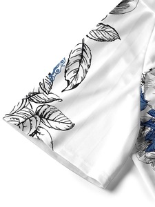 Unisex White Floral Printed Short Sleeve Shirt With Blue Gears Turn-down Collar Regular Fit Breathable <b>Polyester</b> Summer Wear - Product Image 6