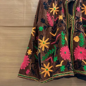 <b>Women</b> Brown <b>Velvet</b> Floral Embroidered Suzani <b>Jacket</b> Full Sleeve Stand Collar Handmade Bohemian Winter Outerwear - Product Image 2