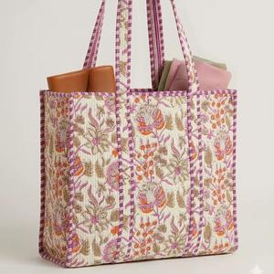Vintage Floral Quilted Cotton Tote <b>Bag</b> Handmade Block Print Shoulder <b>Bag</b>. - Product Image 1