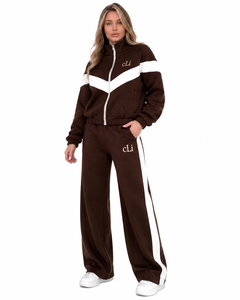 High Neck Zip Jacket <b>Two</b> <b>Piece</b> Athleisure <b>Set</b> Wide Leg <b>Lounge</b> Pants OEM Elastic Cuff and Hem Hoodies Color Block Panel Tracksuit - Product Image 5