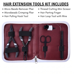 Kit d'outils pour extensions de cheveux à micro-anneaux de salon, comprenant pince d'ouverture et de fermeture en acier inoxydable, crochet de tirage, applicateur de boucles et outil de sertissage de perles - Product Image 2