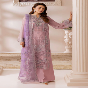 Robe pakistanaise élégante en mousseline brodée, Salwar Kameez pour femme, coupe ample, longueur ras du sol, tenue de mariage, couleur violette - Product Image 1