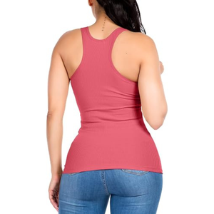 Débardeur côtelé rose pour femme, col rond, couleur unie, tricoté, décontracté, qualité supérieure, idéal pour la gym - Product Image 3