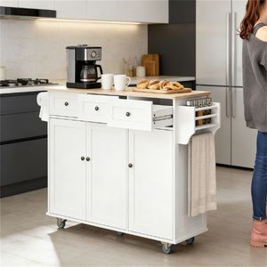 Isola e carrello da cucina bianchi con mobiletto per stoviglie per i tuoi essenziali da cucina - Product Image 1