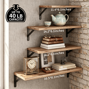 Set di 4 Mensole Galleggianti da Parete in Legno di Paulownia Rustico Trattato con Staffe in Metallo Nero, Mensole Quadrate per Stoccaggio - Product Image 2