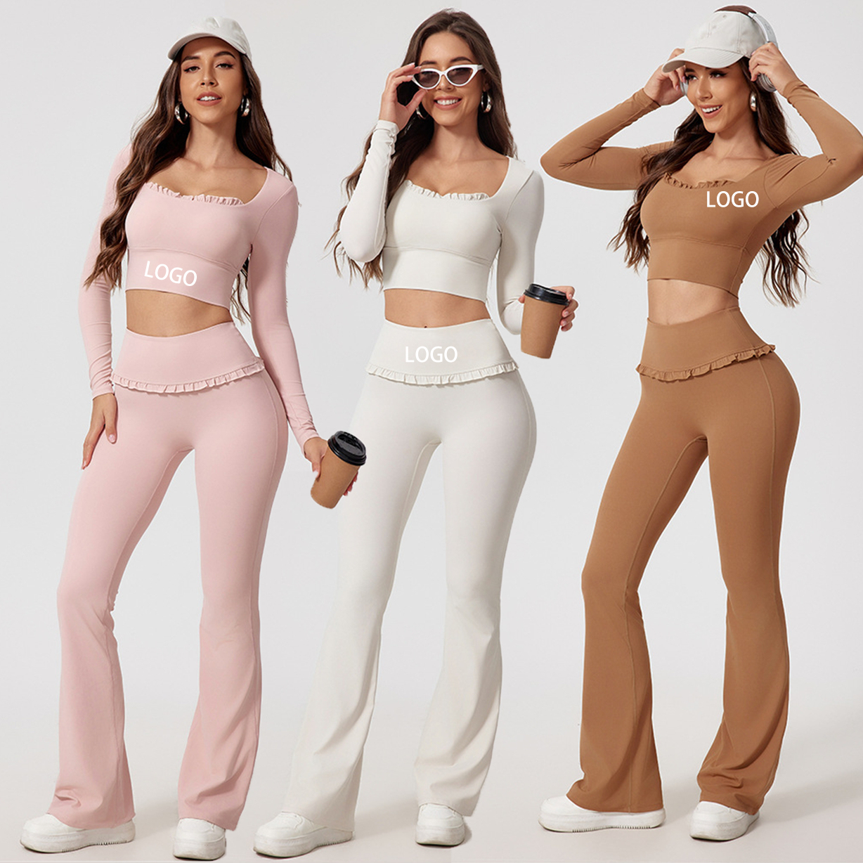 Custom Women Yoga Outfit Set Fitness Jacket Mid Elastic Waist Sports Leggings 2-Piece Solid Quick Dry Eco-Friendly Lightweight