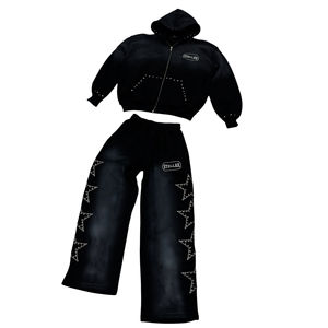 Survêtement homme 2026 en molleton 100% coton avec strass, coupe évasée, logo personnalisé, fermeture éclair, pantalon baggy délavé à l'acide - Product Image 3