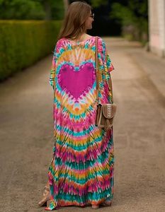 Vestido maxi tie-dye para mujer, cuello redondo, manga corta, corte holgado, estilo bohemio, ropa de playa de verano, material de rayón, dobladillo con abertura - Product Image 4