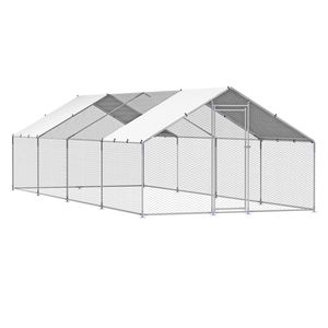 Grande Pollaio in Metallo con Tetto a Spiovente 9.8x26.2x6.5 ft, con Recinto e Chiusura di Sicurezza, Copertura per Area Esterna delle Galline - Product Image 1