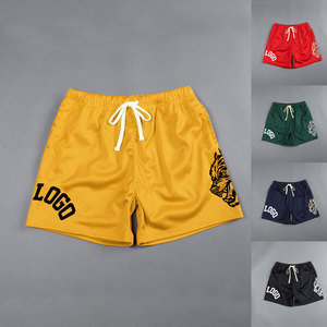 Men's Yellow Mesh Shorts With Drawstring And Logo Print Breathable Casual Sport Wear - Product Image 6