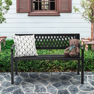 Panca Contemporanea in Ferro da 47 Pollici con Schienale in Rete PVC, Acciaio Inossidabile e Legno Nero per Hotel, Giardini e Uso Esterno - Product Image 2