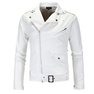 Men's White Pu Leather Motorcycle <b>Jacket</b> Moto Biker Style Zipper Closure Belted Slim Fit Autumn Wear - Product Image 1