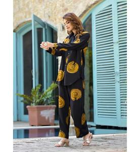 Chemise en mousseline noire et marron pour femme, à manches longues, boutonnée sur le devant, style décontracté et ensemble pyjama, prix de gros - Product Image 2