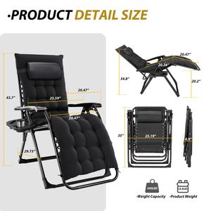Chaise longue de camping inclinable zéro gravité avec porte-gobelets, plateaux et coussin amovible pour usage intérieur et extérieur - Product Image 4