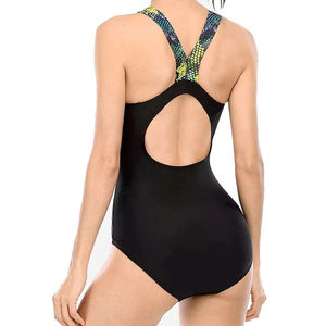 Traje de Baño de Una Pieza para Mujer, Cuello Redondo, Color Negro Sólido, Elástico, con Ribete en Contraste, Tejido de Punto, Spandex, Poliéster - Product Image 2